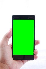 Mock up image of casual man using blank screen mobile smart phone on white background. It can be used for application advertisement or web design template