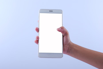 Man holding a white mobile phone with white screen isolated on white background