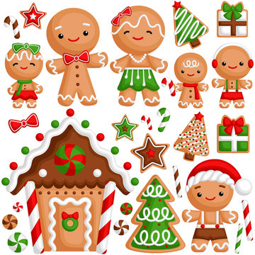 A Vector Set of Cute Gingerbread Family Celebrating Christmas Time with Warm House and Presents