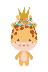 Cute giraffe with crown flowers and leaves vector design