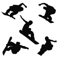 Vector silhouettes of snowboarders doing tricks.
