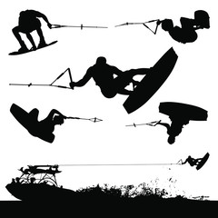 Vector wakeboarding silhouettes of in-air action and a boat pulling a wakeboarder - obrazy, fototapety, plakaty