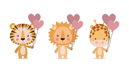 Wandaufkleber Tiere mit Ballon Netter Tigerlöwe und Giraffenvektordesign