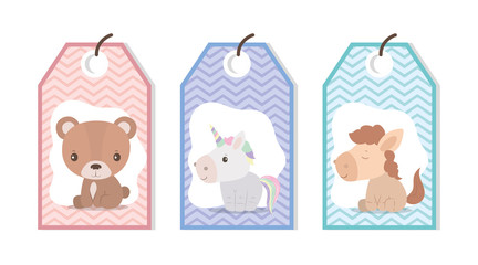 Baby shower labels with animals cartoons vector design