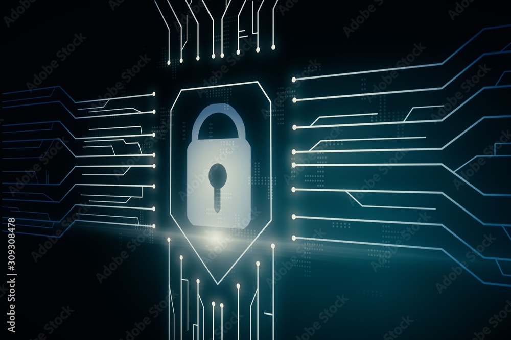 Poster digital security concept with lock and microcircuit on the background. 3d rendering