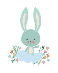 Obraz na płótnie Canvas Cute rabbit cartoon with flowers and leaves vector design