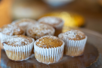 Tasty cakes in pastry shop display, closeup