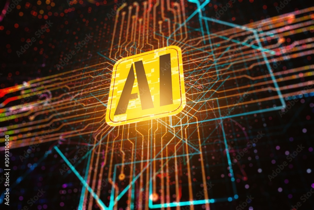 Poster symbol of artificial intelligence technology with chip details on background, machine learning conce