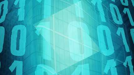 Office building and binary code displace, future finance problems