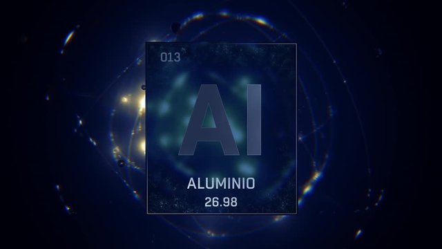 Aluminium as Element 13 of the Periodic Table. Seamlessly looping 3D animation on blue illuminated atom design background with orbiting electrons. Name, atomic weight, element number in Spanish langua