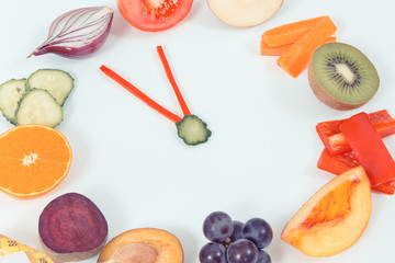 Clock made of fruits and vegetables showing time of 23 hours 55 minutes. Time for new year resolutions concept