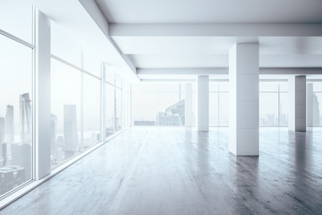 Empty office interior with big windows and city view, real estate concept. 3D Rendering
