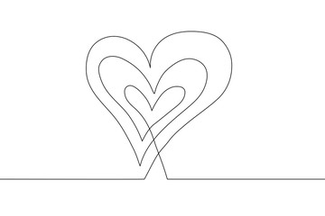 A continuous line drawing of several hearts with a constant outline nested into each other. A multilayer heart with a black outline on a white background isolated. Vector stock illustration 