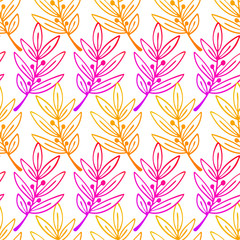 Floral abstract seamless pattern with hand drawn branch with berries. Line art sketch style. Colorful vector background on white.