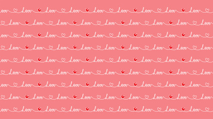Love valentines background pattern. White handwritten love with heart symbol. Handwritten pink background. Vector illustration.