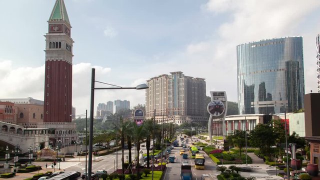 Cotai Macau street traffic cityscape day timelapse pan up
