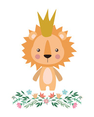 Cute lion with crown flowers and leaves vector design