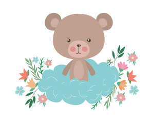 Obraz na płótnie Canvas Cute bear with cloud flowers and leaves vector design