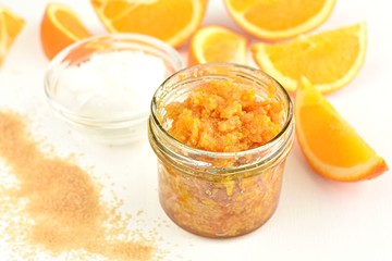 Orange peel, brown sugar, coconut oil body or lip scrub, natural, homemade cosmetics.