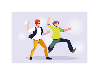 scene of men in dance pose, party, dance club