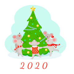 Illustration of new year 2020 mouse. Mice dance around the Christmas tree. Flat style.