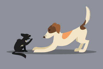 Black Cat and White Dog characters. Cartoon styled vector illustration. Friendly dog and angry cat.