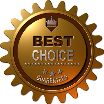 a 3D rendered golden metallic seal with platinum stars and a crown and text "Best Choice"
