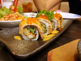 Japanese food style, Selective focus of salmon aburi sushi topped with beluga caviar in restaurant, Ready to eat or serve