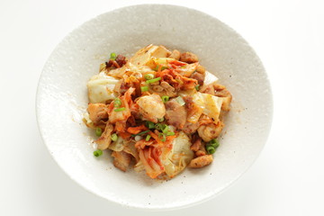 Korean food, chicken and cabbage stir fried with chicken