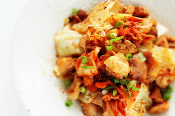 Korean food, chicken and cabbage stir fried with chicken