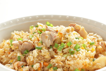 Korean food, chicken and kimchi stir fried rice