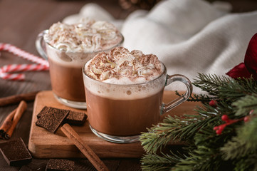 Hot chocolate with whipped cream and cinnamon sticks
