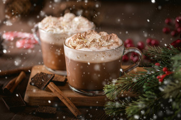 Hot chocolate with whipped cream and cinnamon sticks