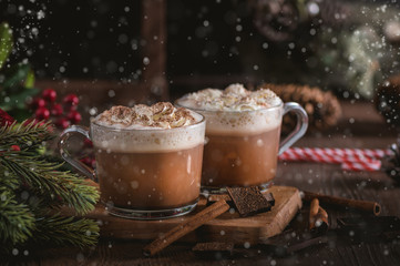 Hot chocolate with whipped cream and cinnamon sticks