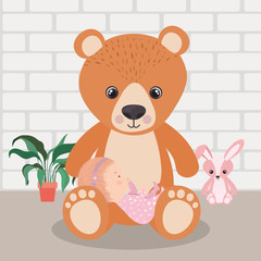 Cute baby girl and teddy bear vector design