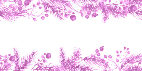 Christmas watercolor decoration. Seamless horizontal pattern  of spruce and winter berries in monochrome pink. Branches of spruce, pine, cedar with rowan berries, viburnum, lingonberries.Beautiful art