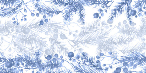Christmas watercolor decoration. Seamless horizontal pattern  of spruce and winter berries in monochrome blue.Branches of spruce, pine, cedar with rowan berries, viburnum, lingonberries.Beautiful art 