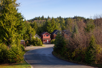 Fototapeta na wymiar Sunny Sunrise in Residential Neighborhood of a small town, Ucluelet, during Autumn Season. Located in Vancouver Island, British Columbia, Canada. Aerial View