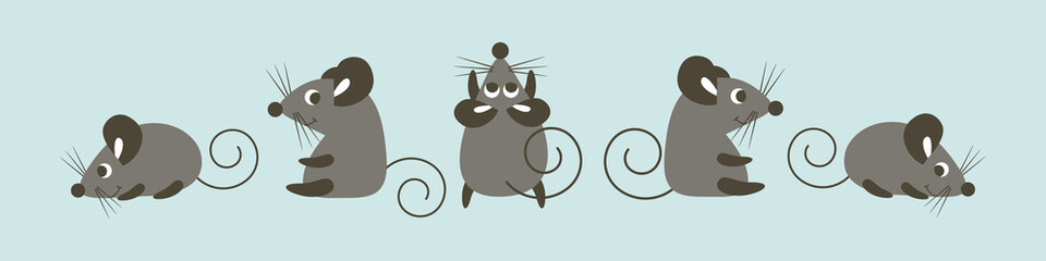 Horisontal poster with cute cartoon mice set. Grey animals on blue background. Flat vector illustration.