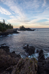 Wild Pacifc Trail, Ucluelet, Vancouver Island, BC, Canada. Beautiful View of the Rocky Ocean Coast during a colorful and vibrant morning sunrise.