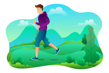 Vector illustration of young man running on a park for website landing page. Template young man running for landing page, ui ux design, web design
