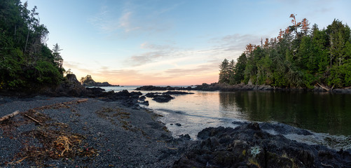 Wild Pacifc Trail, Ucluelet, Vancouver Island, BC, Canada. Beautiful Panoramic View of the Rocky Ocean Coast during a colorful and vibrant morning sunrise.