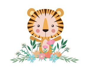 Cute tiger with flowers and leaves vector design