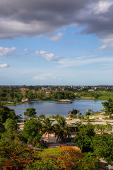 Aerial view of a small Cuban Town, Ciego de Avila, during a cloudy and sunny day. Located in Central Cuba.