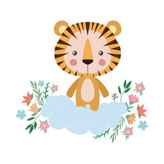 Obraz na płótnie Canvas Cute tiger over cloud with flowers and leaves vector design