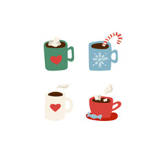 Simple winter icon with candy cane and cocoa mugs