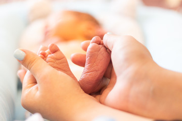 little legs of a newborn in the hands of female hands