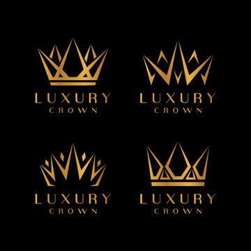 Gold crown icons. Queen king golden crowns luxury Logo Design Vector Set