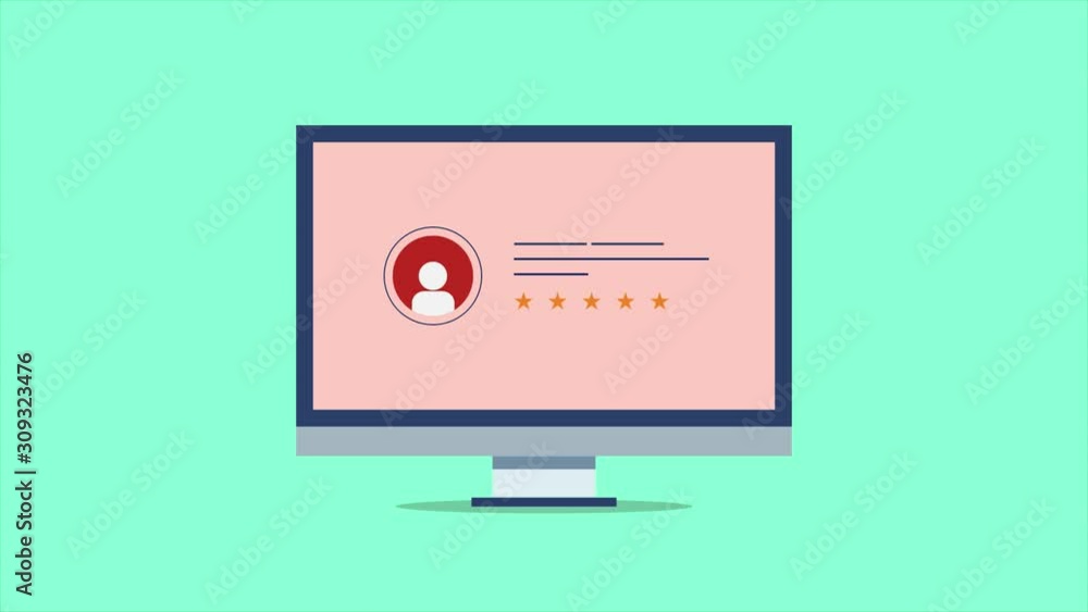 Aufkleber customer profile displaying on computer screen. 2d animation, conceptual video clip.