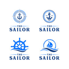 Set of sailor logo design. with Anchors, ships, rope, and steering wheel elements,